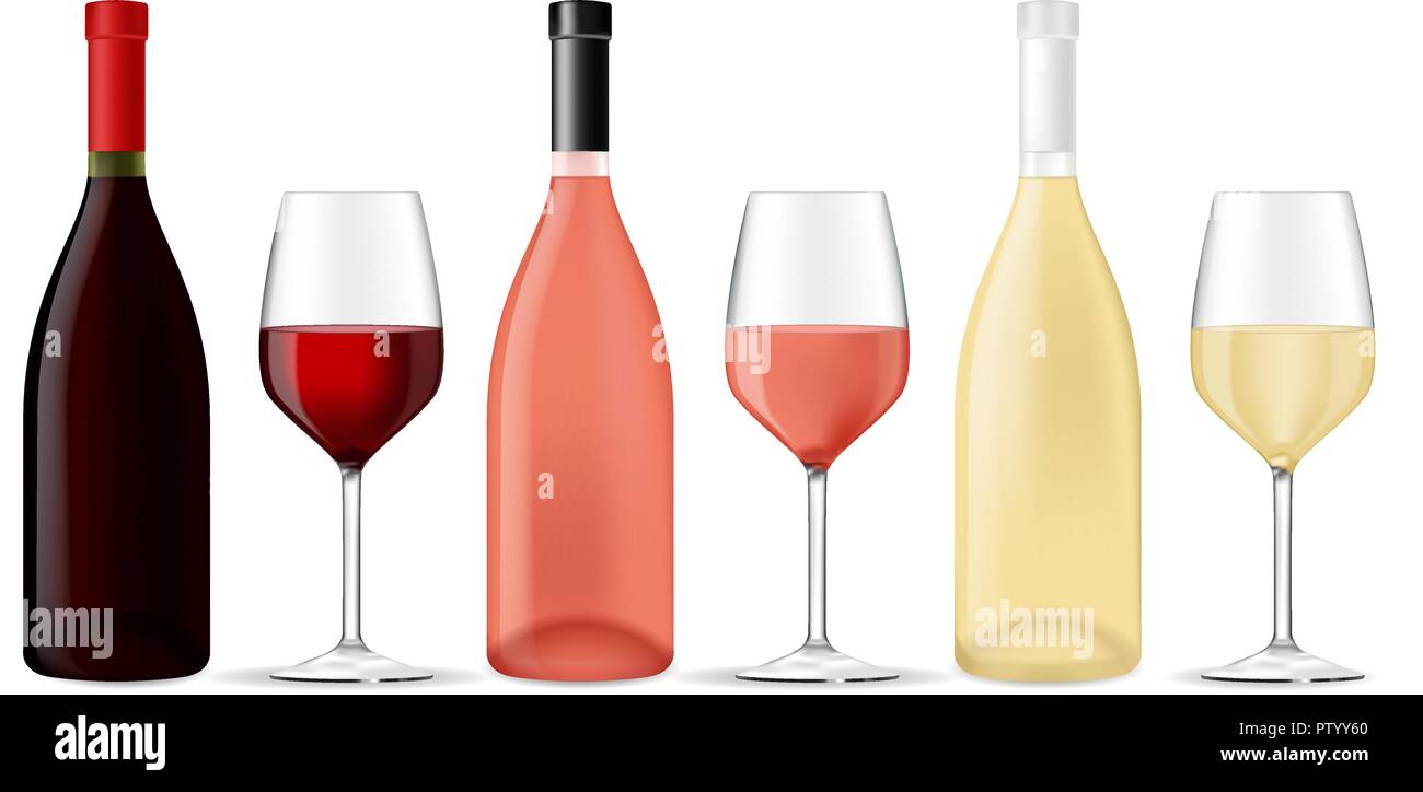 Set di vino. Le bottiglie e i bicchieri di vino diverso Illustrazione Vettoriale