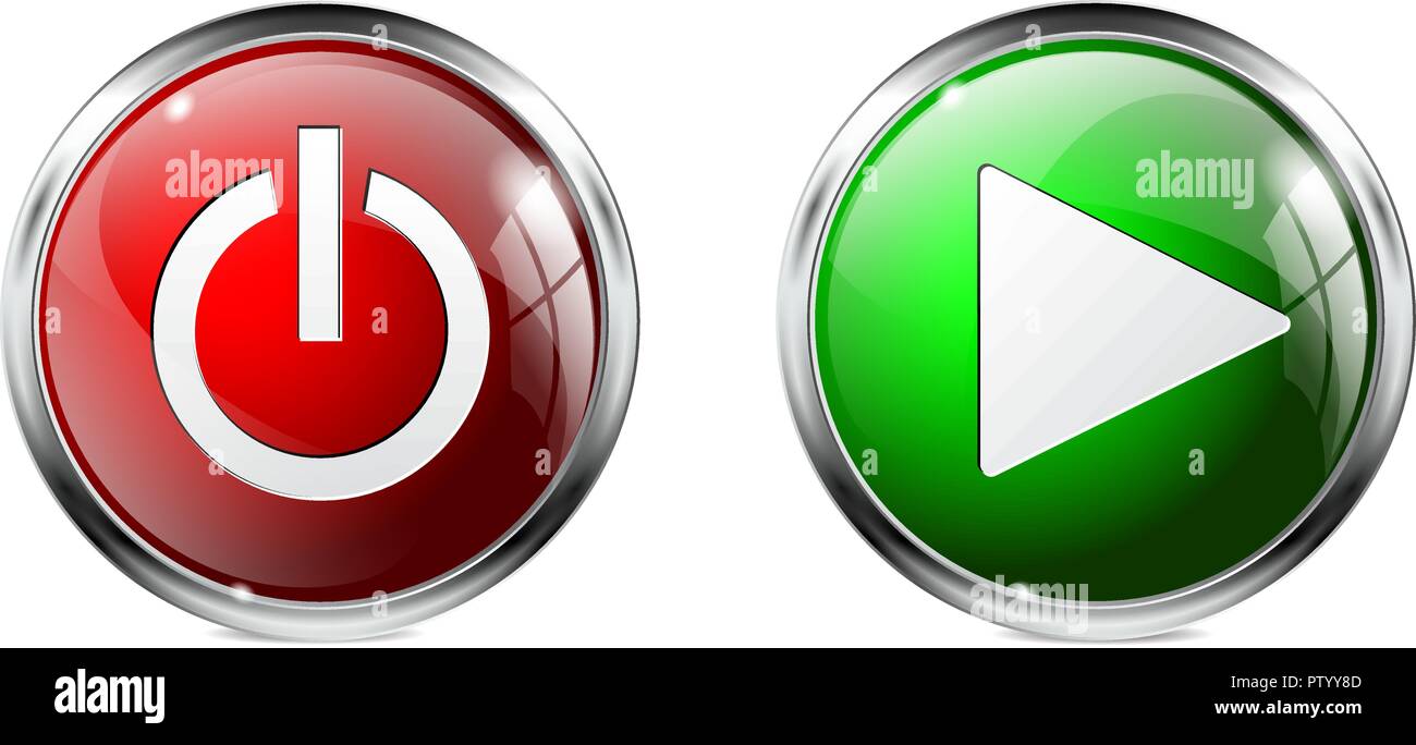 Vetro pulsanti rotondi. Alimentazione e riproduzione 3d icone Illustrazione Vettoriale