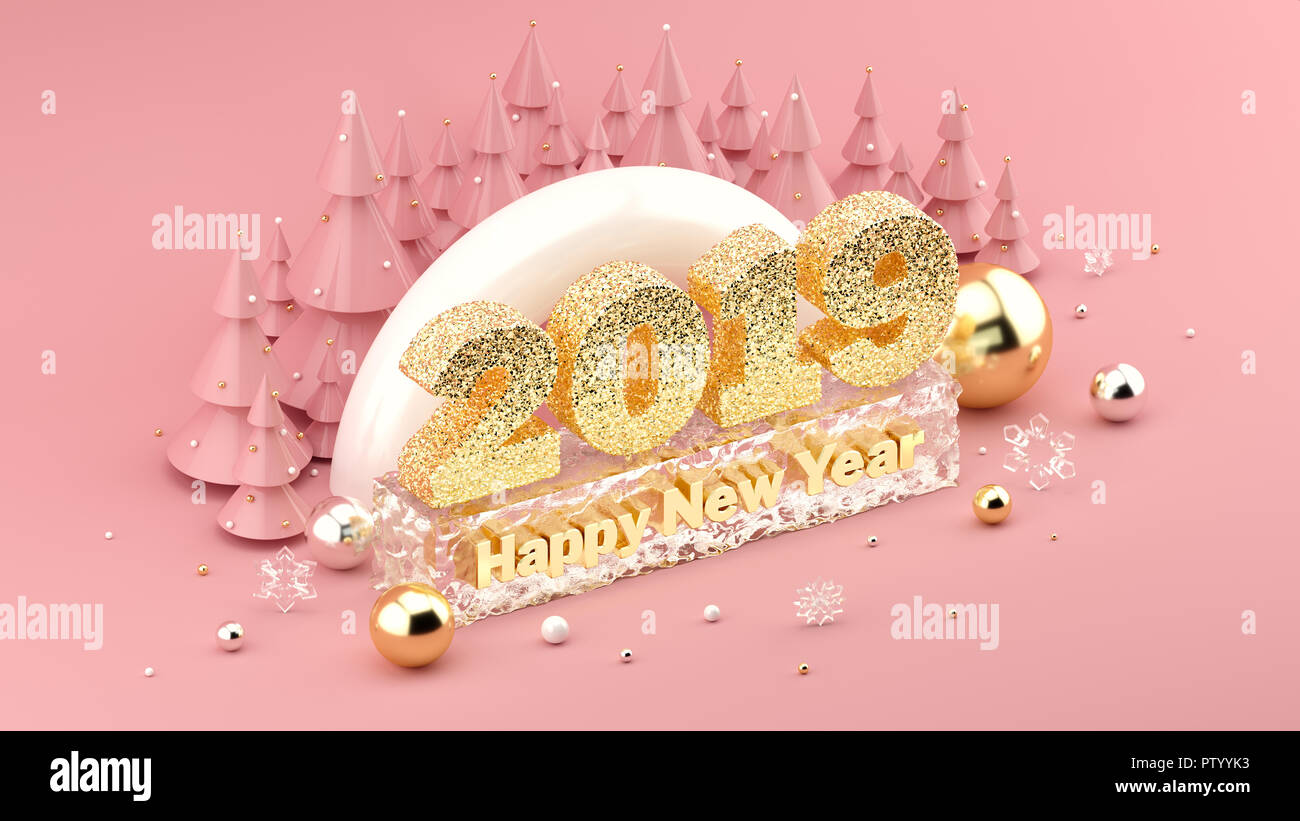 2019 Felice Anno Nuovo desiderio isometrica, 3d installazione per il Capodanno e Natale di banner e poster. Foto Stock