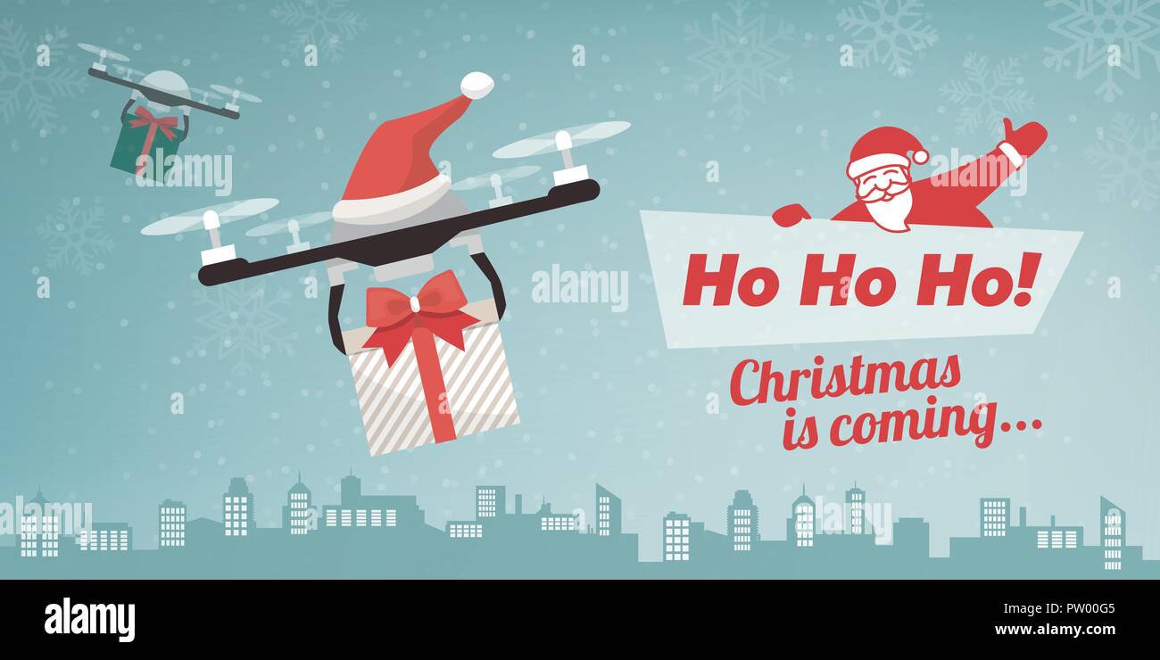 Fuchi con Santa's hat consegnare i regali di Natale in città, la caduta della neve e il testo Illustrazione Vettoriale