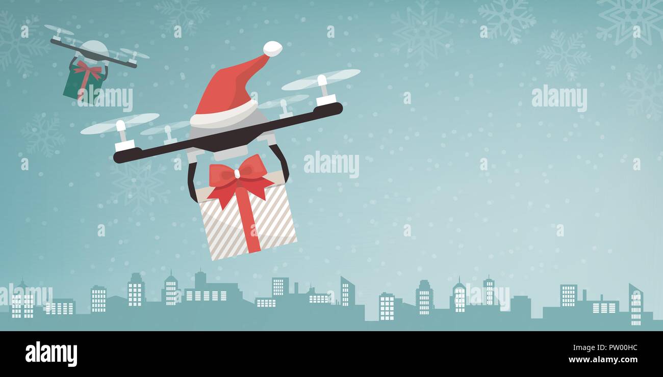 Fuchi con Santa's hat consegnare i regali di Natale in città e la caduta della neve Illustrazione Vettoriale