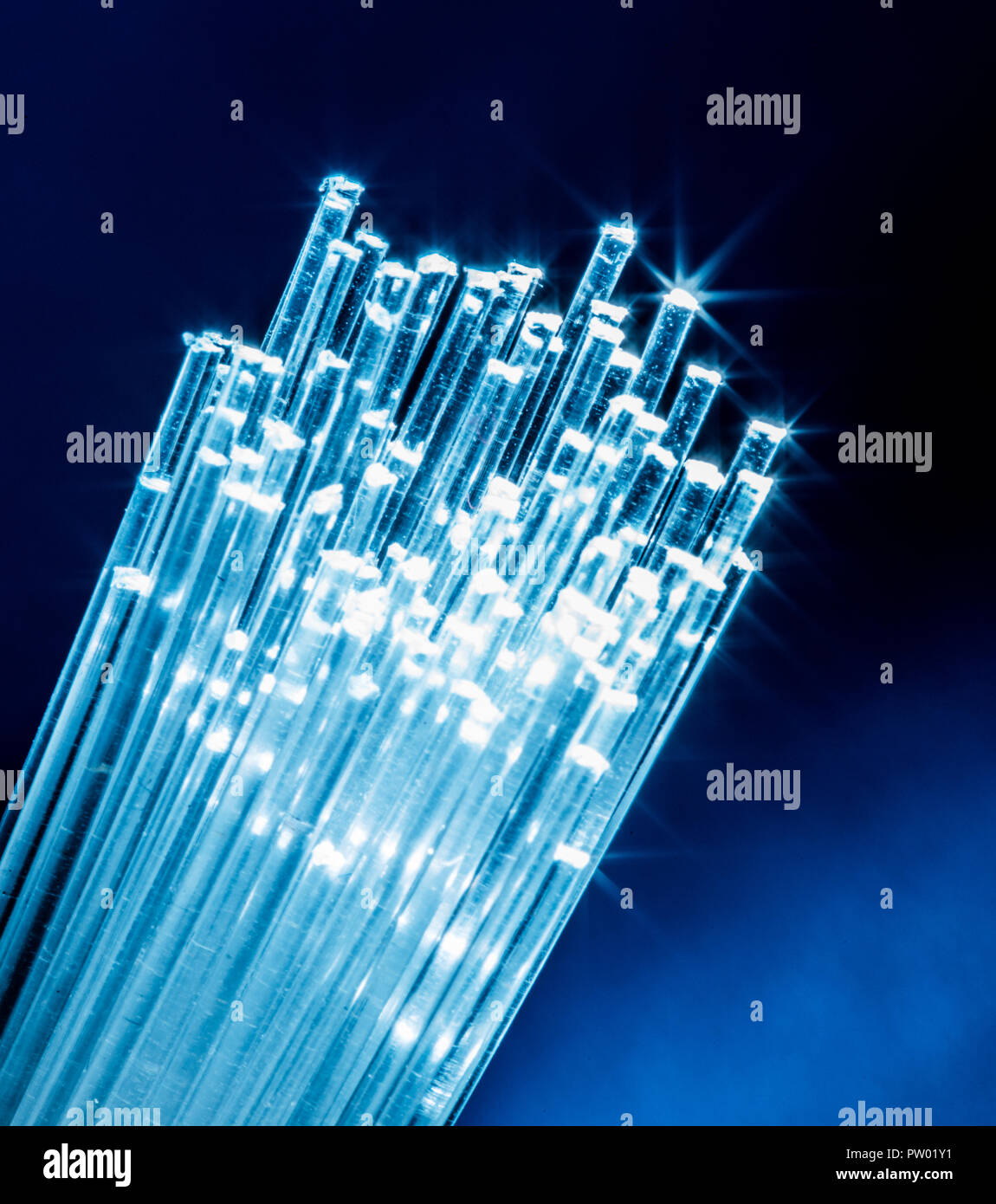 Bundle di fibre ottiche con le luci di estremità. Sfondo blu. Foto Stock