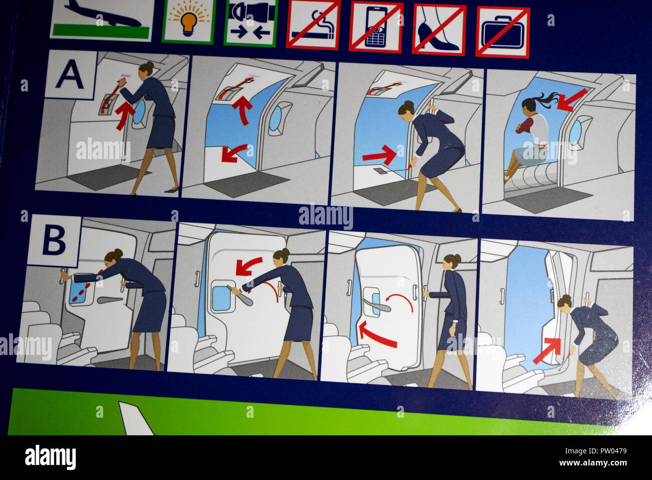 Equipaggio di emergenza sportello Sicurezza di apertura sul volo British Airways scheda di sicurezza informazioni Foto Stock
