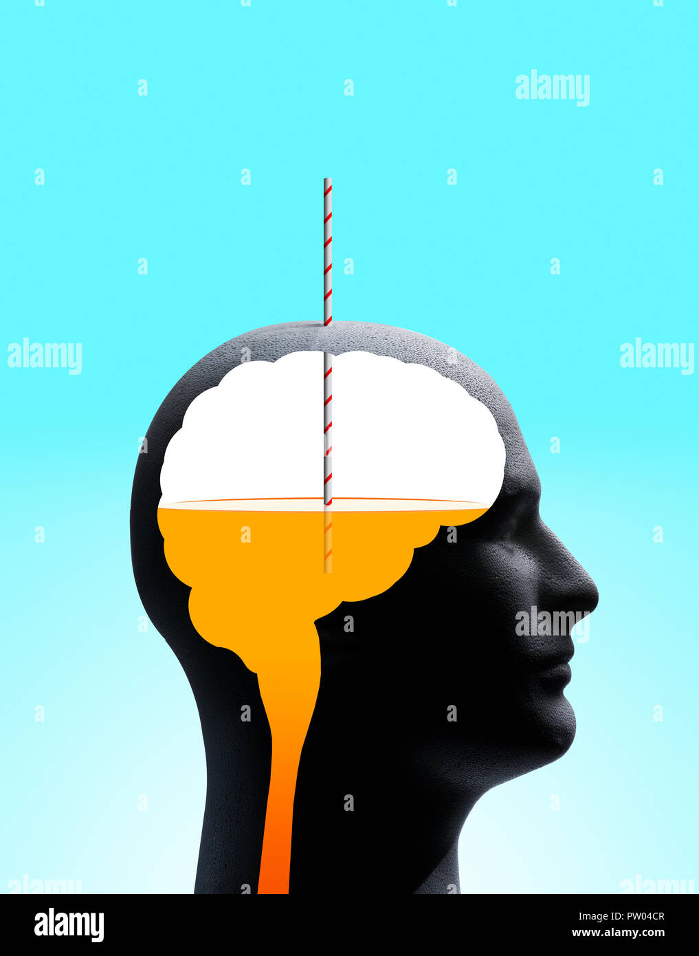 Concetto di profilo di un uomo con contorno di cervello e stelo, mostrando una bevanda a base di arancia con paglia, Kool aiuto pensando Foto Stock