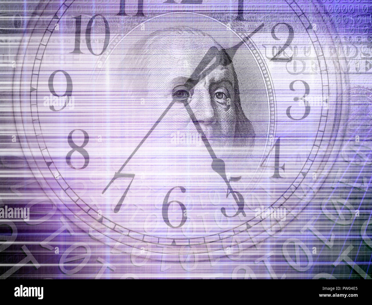 Concettuale immagine di sfondo del codice binario con il tempo e il concetto di denaro Foto Stock