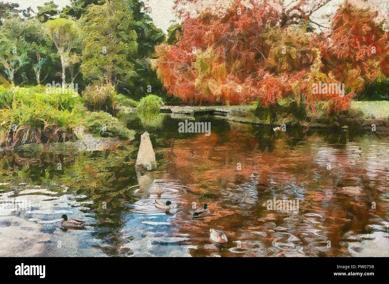 Foto di un Duck Pond in un parco in autunno modificati per apparire come un dipinto di Monet Foto Stock