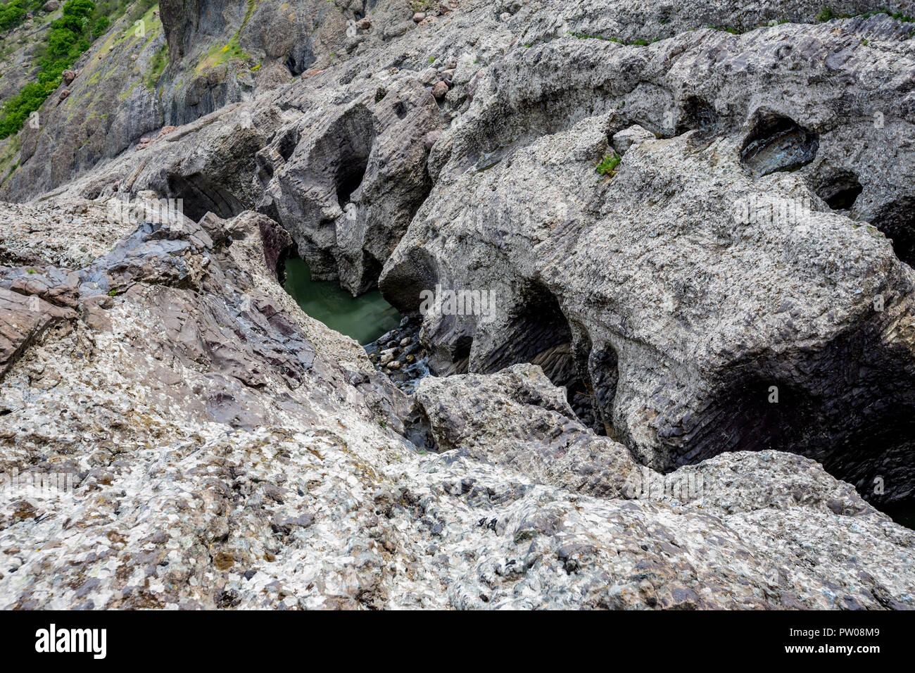 Molla diurna vista presa all'incredibile Devil's Canyon fenomeno naturale in Bulgaria, noto anche come Sheytan Derôme vicino Studen Kladenetz serbatoio in montagna Rhodope. Meravigliose acque verde Foto Stock