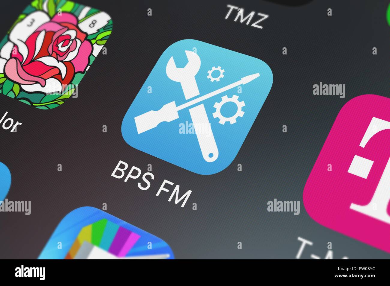 London, Regno Unito - 11 Ottobre 2018: Close-up shot del BPS FM icona applicazione da Honeywell International Inc. su un iPhone. Foto Stock