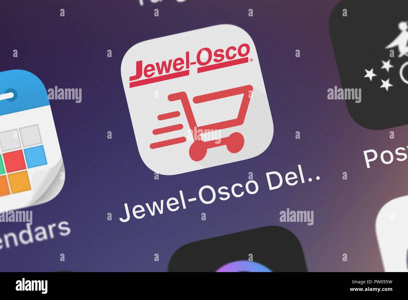 London, Regno Unito - 11 Ottobre 2018: Close-up shot della consegna Jewel-Osco icona applicazione da Instacart Inc. su un iPhone. Foto Stock