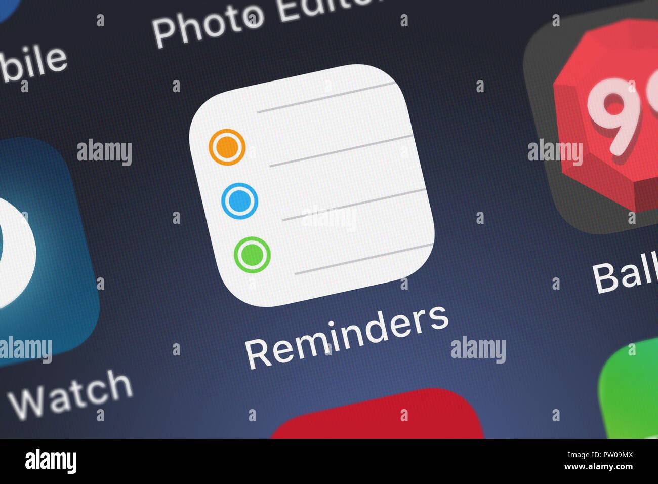 London, Regno Unito - 11 Ottobre 2018: Close-up shot di Apple popolare app Promemoria. Foto Stock