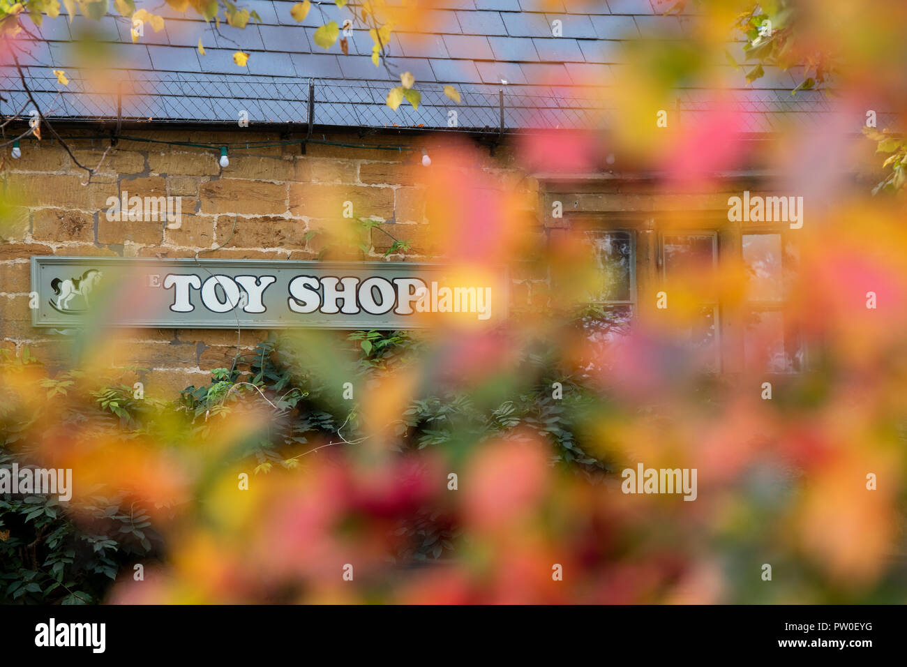 Il negozio di giocattoli sign in autunno. Moreton in Marsh. Cotswolds, Gloucestershire, Inghilterra Foto Stock