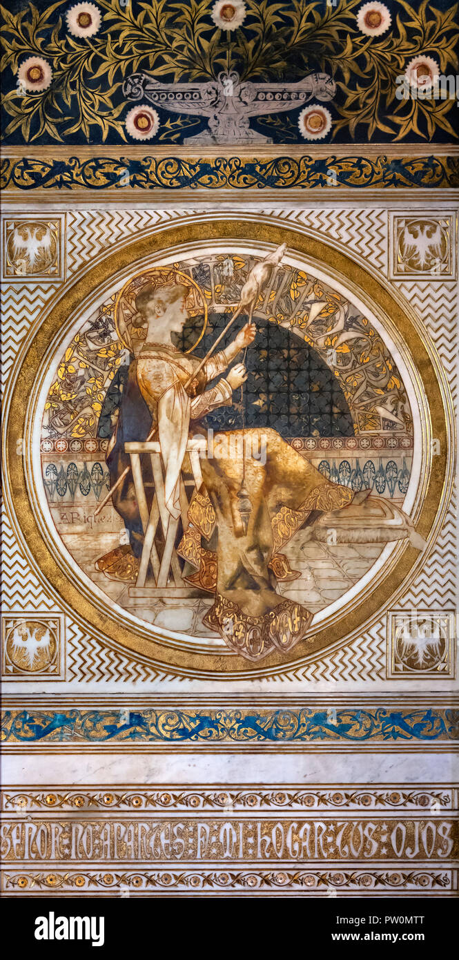Dipinto di pannello in marmo da Alexandre de Riquer in Palau Guell, El Raval, Barcellona, Spagna Foto Stock