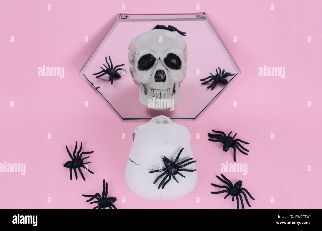 Teschio sul trendy rosa pastello sfondo. Creative concetto di Halloween. Foto Stock