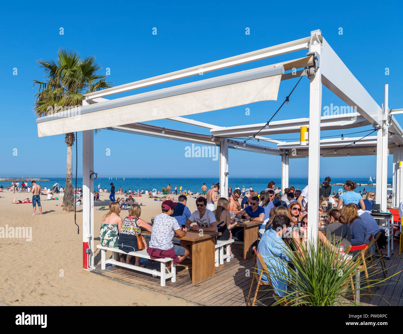 Spiaggia di Barcellona. Il Beach bar sulla Platja de Sant Miquel, La Barceloneta, Barcellona, Spagna Foto Stock