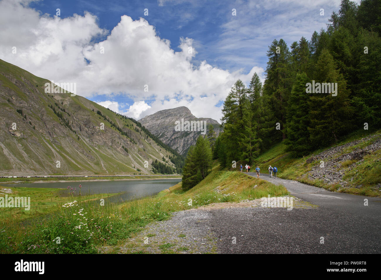 Livigno / Italia - una bella scena con il lago e la gente camminare lungo la passeggiata attraverso il bosco di pini, sullo sfondo azzurro del cielo e delle nubi Foto Stock