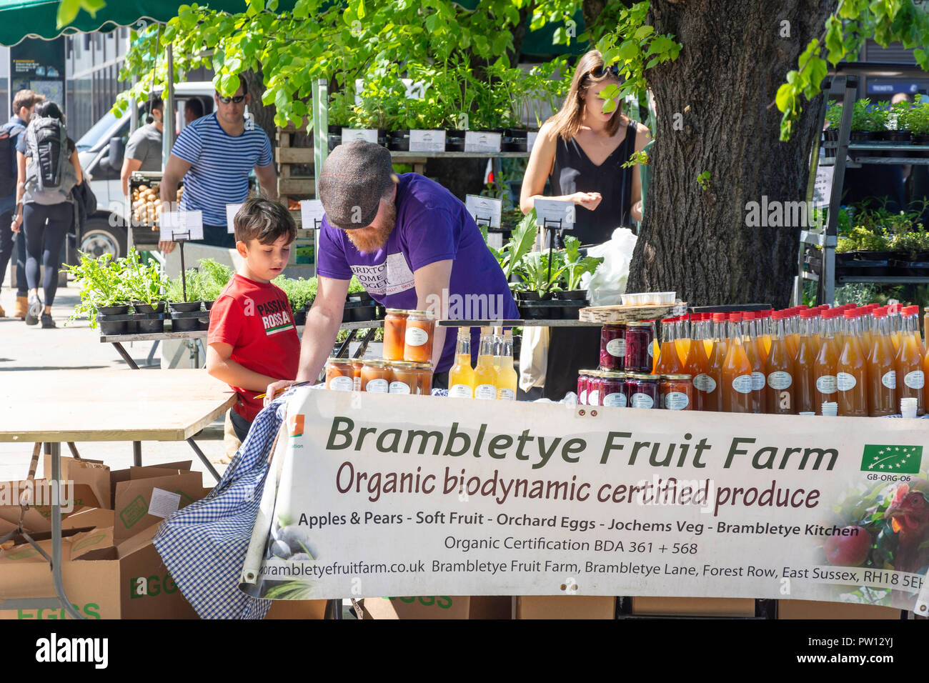 Frutta organica stallo a West Hampstead Farmers Market, West Hampstead, London Borough of Camden, Greater London, England, Regno Unito Foto Stock