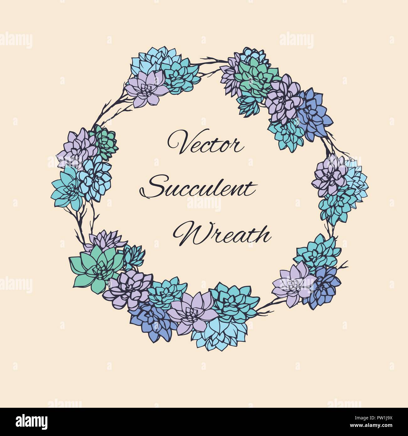 Ghirlanda di piante succulente e rami di alberi. Utilizzabile per matrimonio inviti, salva la data progetta, schede e altro ancora. Floral cornice rotonda. Illustrazione Vettoriale