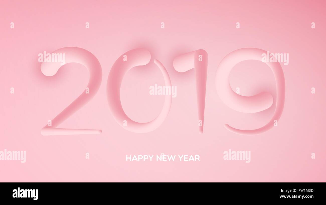 Felice Anno Nuovo mescolato interlacciato lettering creativo. L'anno del maiale. Illustrazione Vettoriale di testo 2019 fatta di astratta piggy tails Illustrazione Vettoriale