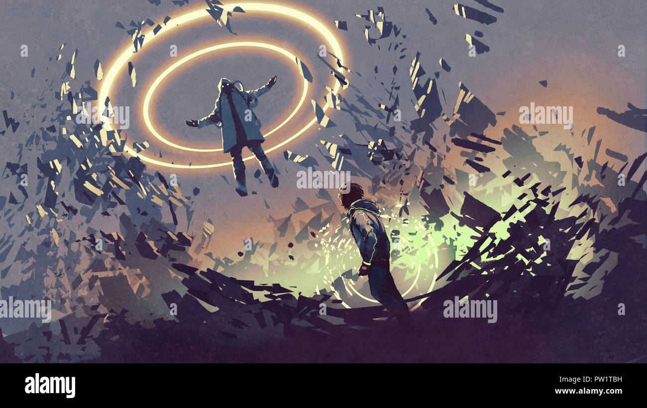 Sci-fi scena mostrando la lotta di due uomini futuristico con magics, arte digitale stile, illustrazione pittura Foto Stock