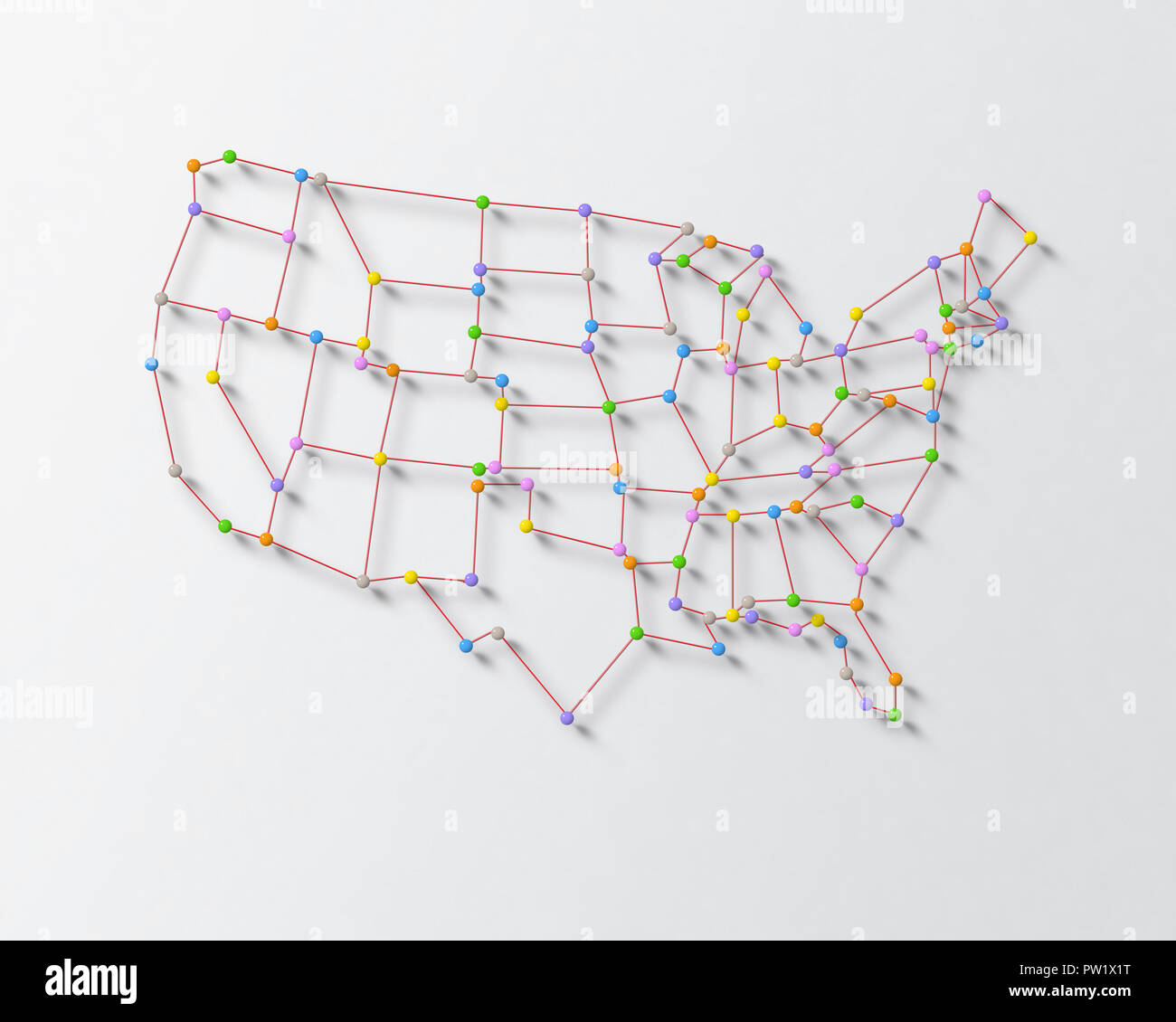 Perni di colore ed il battistrada su una superficie formante mappa degli Stati Uniti, STATI UNITI D'AMERICA, USA, America Foto Stock