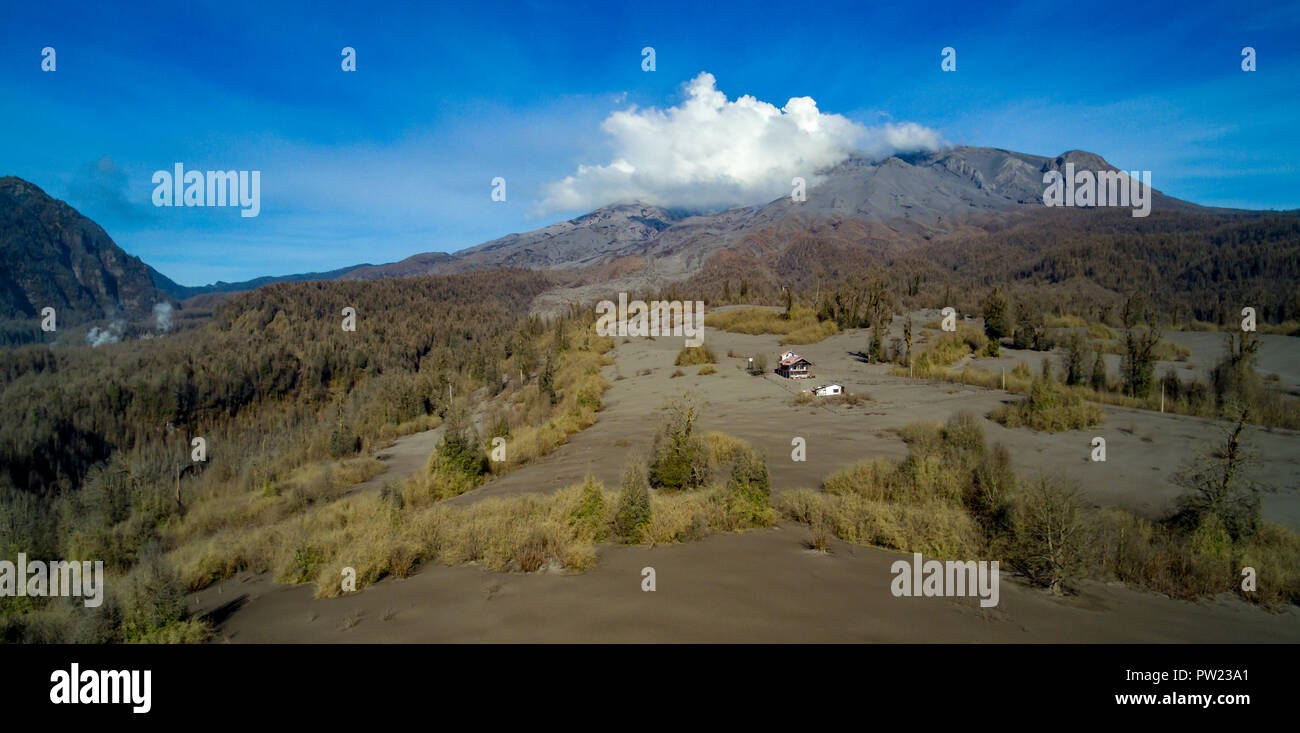 Terreno di colori grayster prodotto della caduta di cenere del vulcano Calbuco che è visto in background Foto Stock