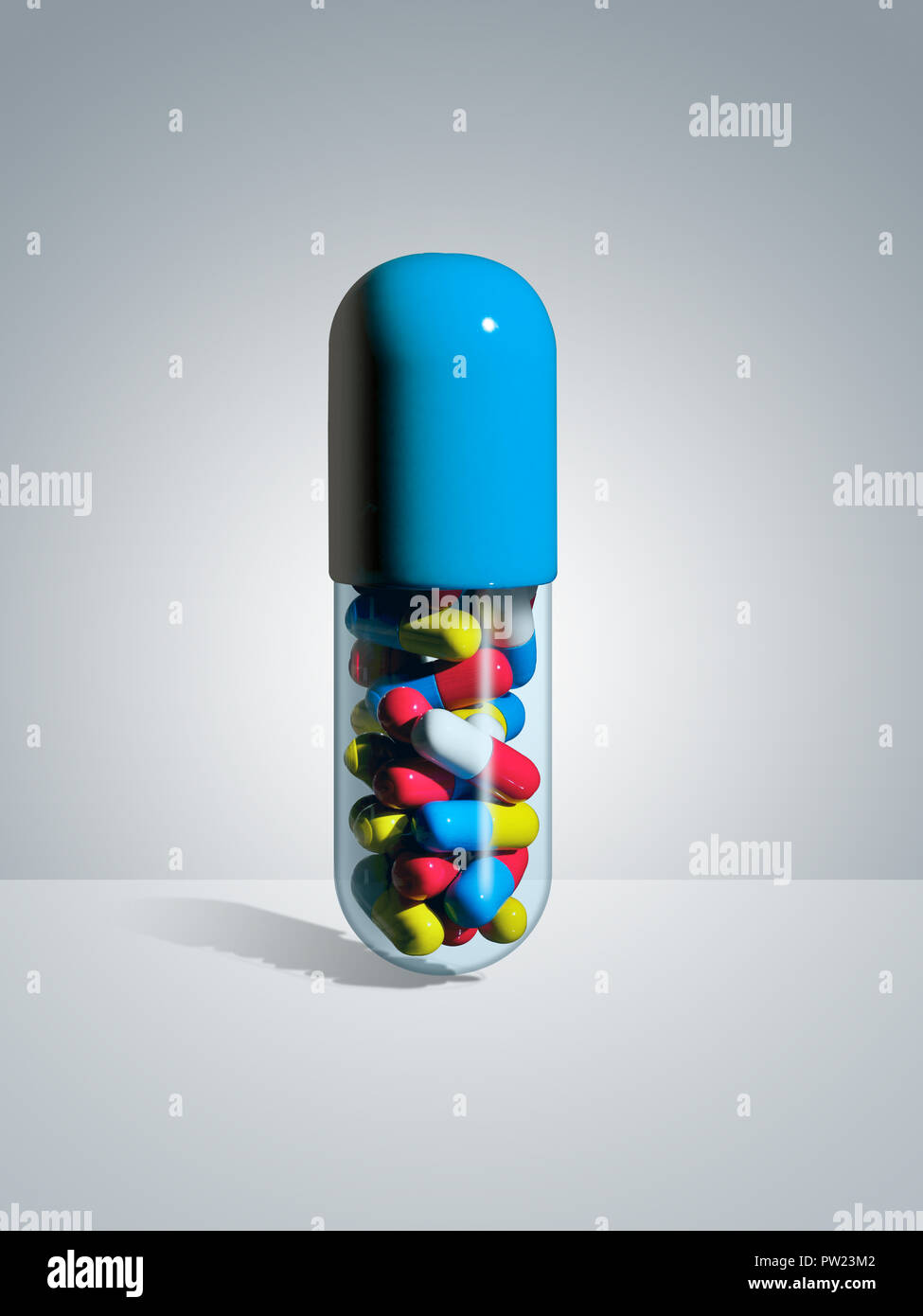 Concetto di una pillola blu riempita con colori più piccole pillole, Overmedicated, oltre prescritto, abuso di droga, nascosto, cocktail di farmaci Foto Stock