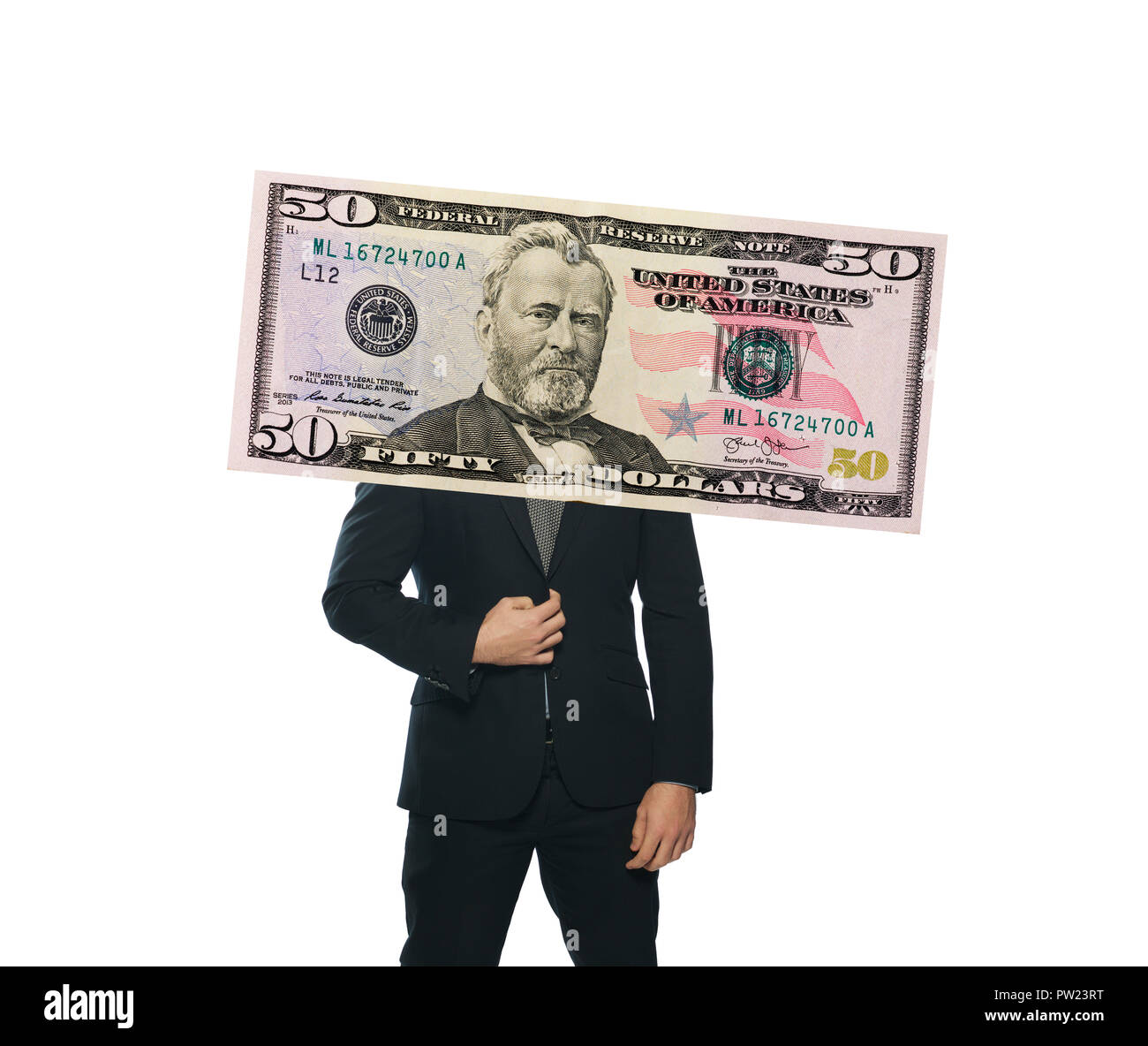 Concetto di un uomo con un vestito in piedi, che copre la sua testa, con una testa di presidente di concessione di un $50 $ cinquanta dollari, che abilita il denaro, scambio di destra, Foto Stock