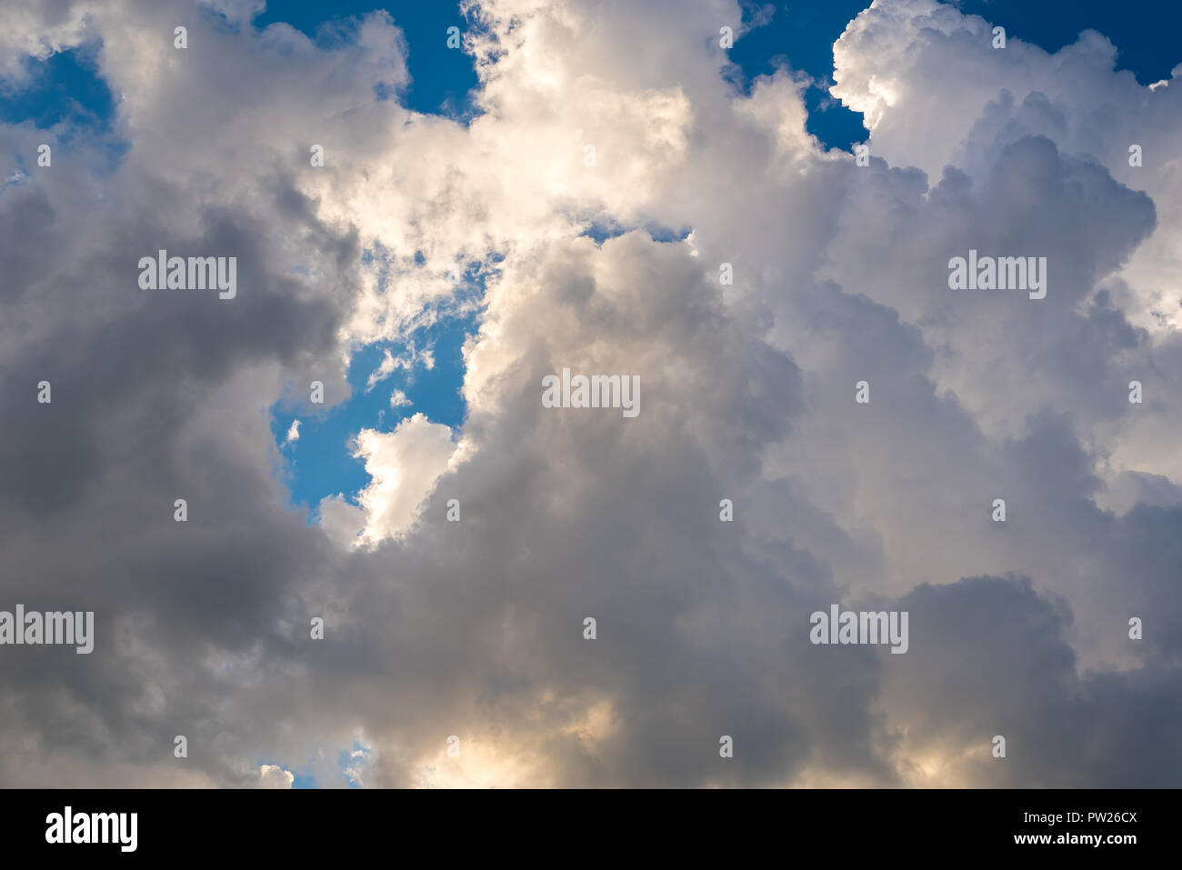Il Cumulus cloud formazione quando si guarda da terra. Foto Stock