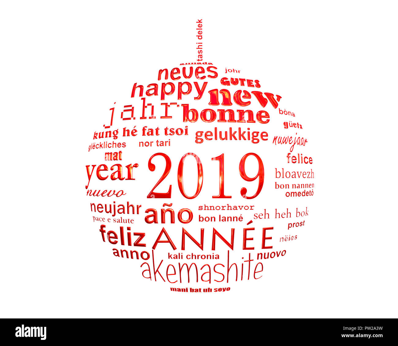 2019 Anno nuovo testo multilingue cloud di parola nella forma di una palla di Natale Foto Stock