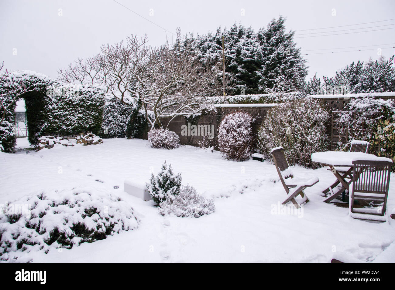 Giardino interno sotto la neve. Haydon, Somerset, Regno Unito Foto Stock