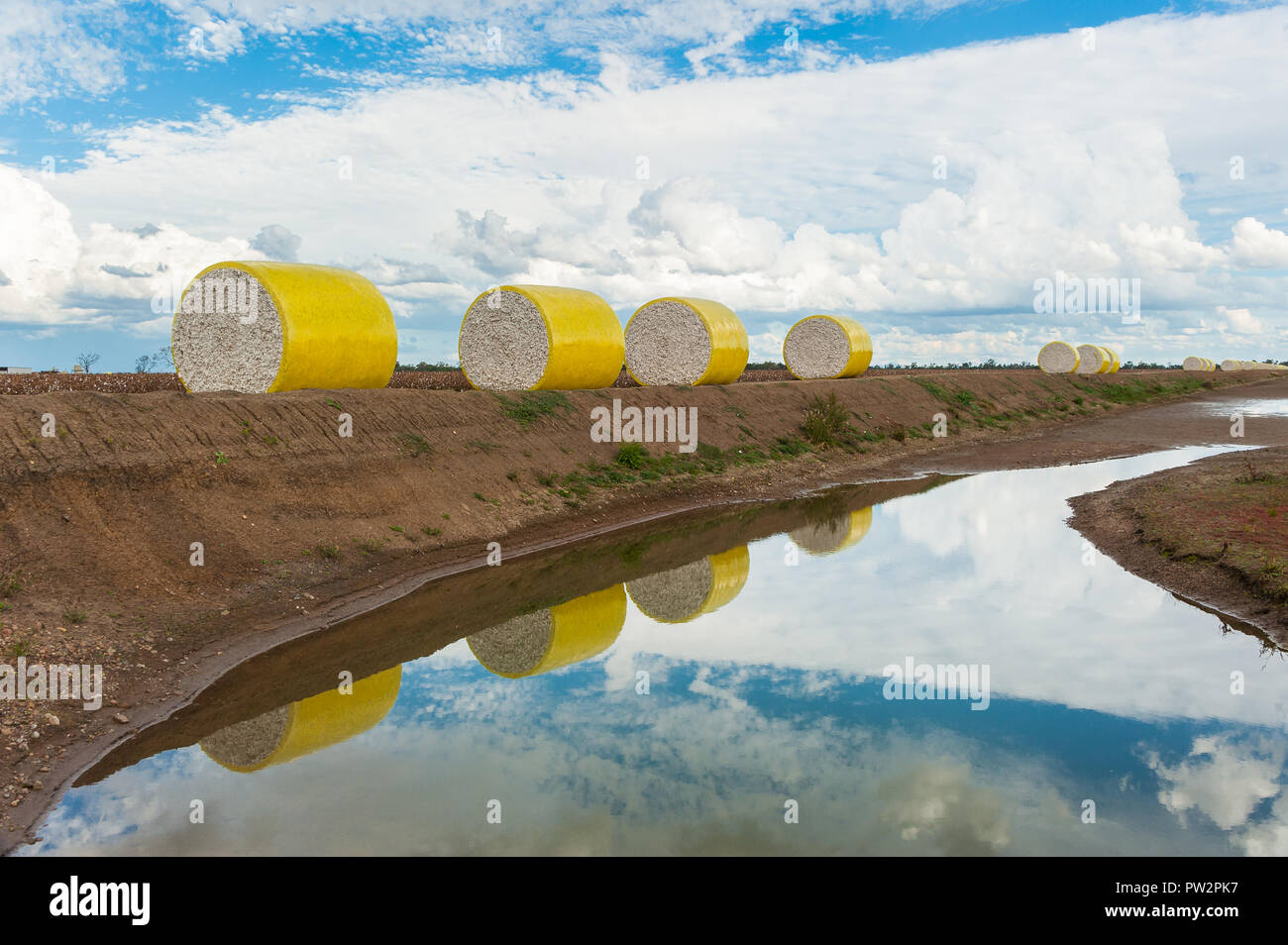 Balle rotonde di cotone avvolte in plastica gialla impilate accanto a un canale di irrigazione in una fattoria di cotone a Moree, Queensland, Australia. Foto Stock