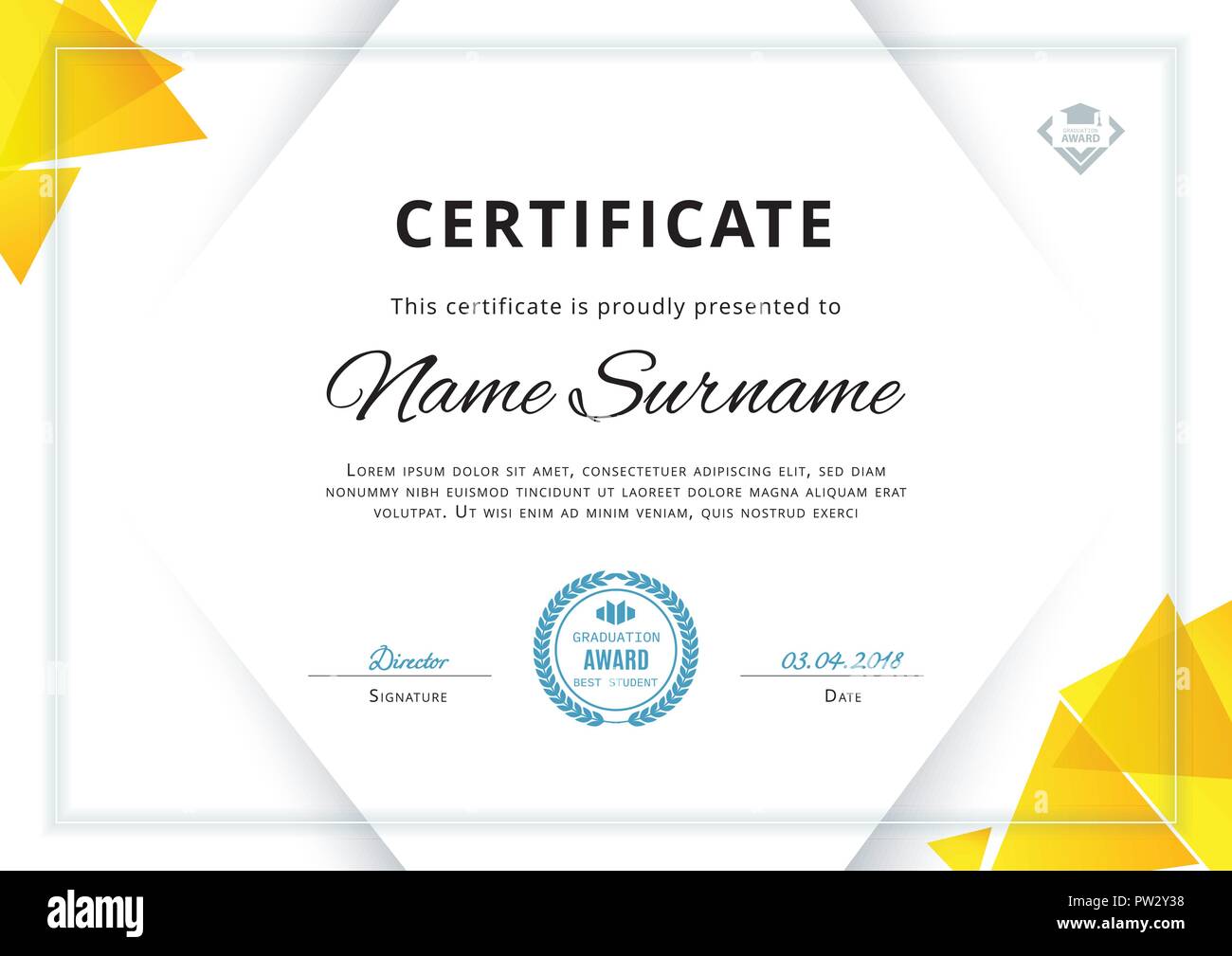 Ufficiale certificato bianco con triangolo giallo gli elementi di design. Pulire Business design moderno Illustrazione Vettoriale