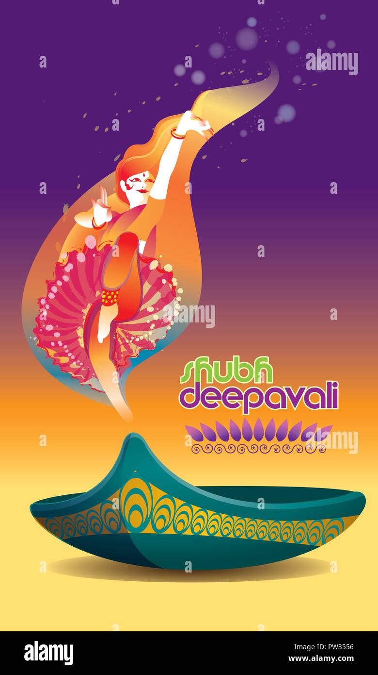 Vettore per il Deepavali o Diwali, con una danza donna, lampada a petrolio e Deepavali saluti. Illustrazione Vettoriale