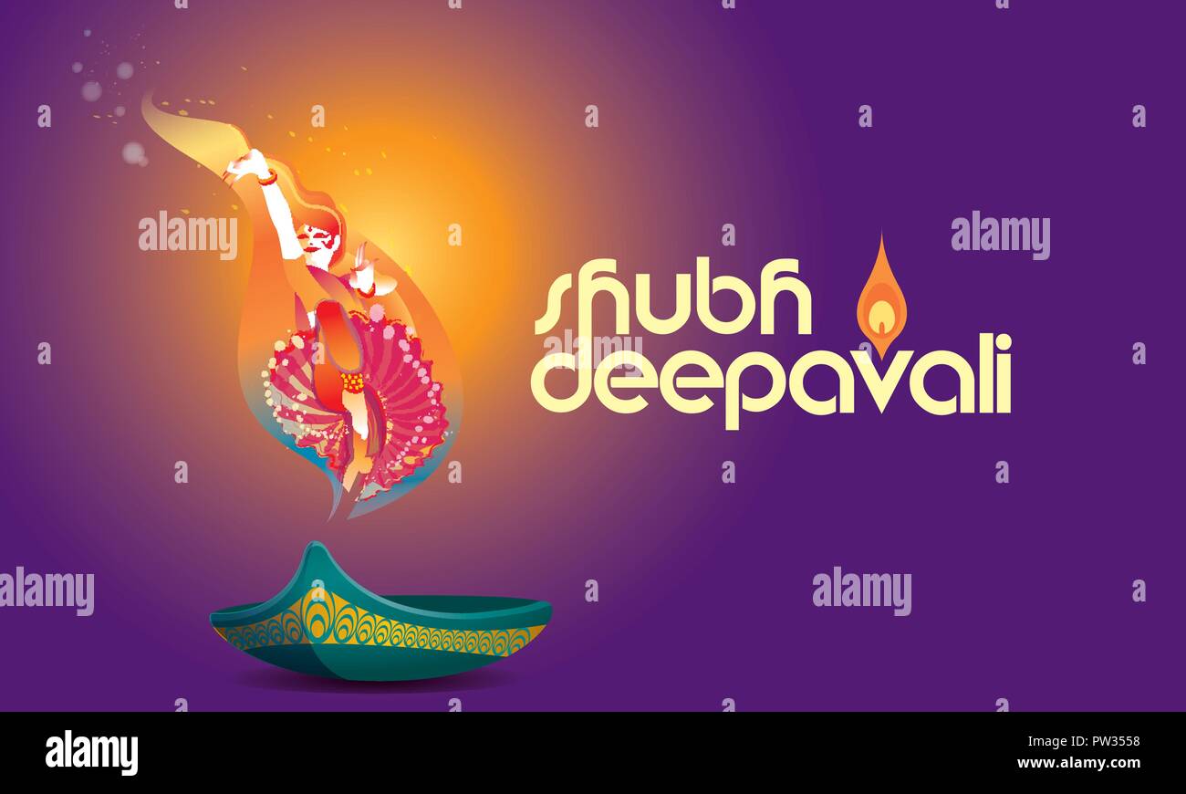 Vettore per il Deepavali o Diwali, con una danza donna, lampada a petrolio e Deepavali saluti. Illustrazione Vettoriale