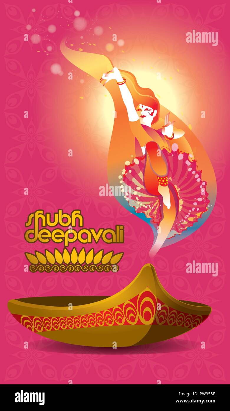 Vettore per il Deepavali o Diwali, con una danza donna, lampada a petrolio e Deepavali saluti. Illustrazione Vettoriale