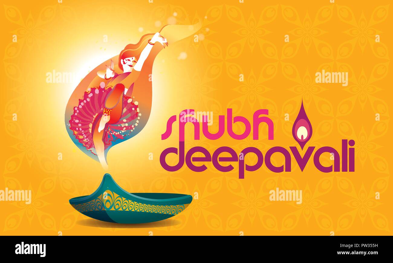 Vettore per il Deepavali o Diwali, con una danza donna, lampada a petrolio e Deepavali saluti. Illustrazione Vettoriale