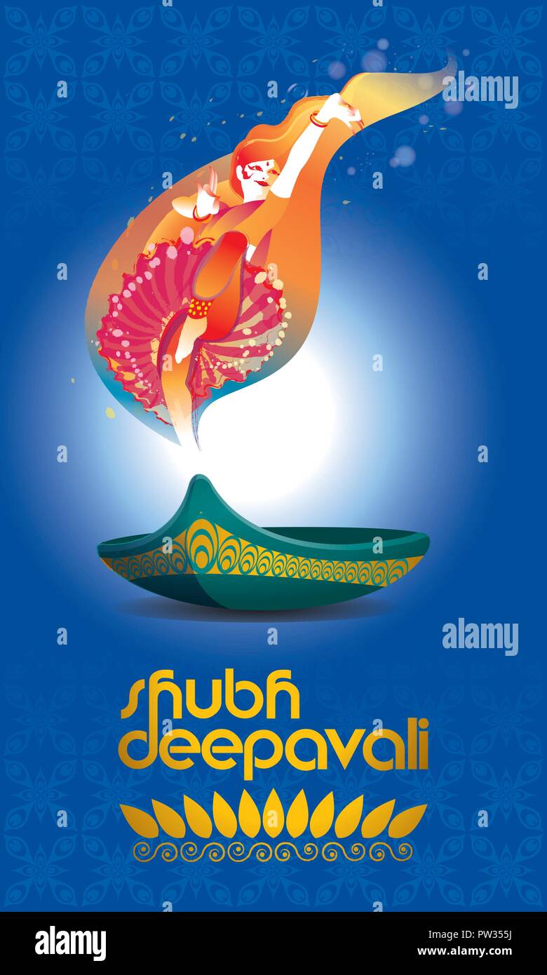 Vettore per il Deepavali o Diwali, con una danza donna, lampada a petrolio e Deepavali saluti. Illustrazione Vettoriale