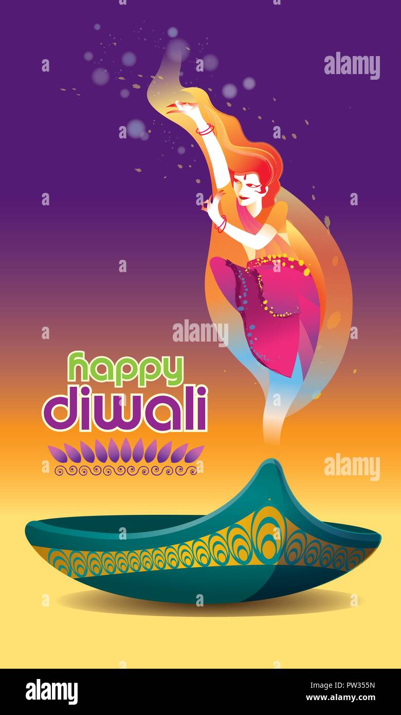 Vettore per il Deepavali o Diwali, con una danza donna, lampada a petrolio e Deepavali saluti. Illustrazione Vettoriale