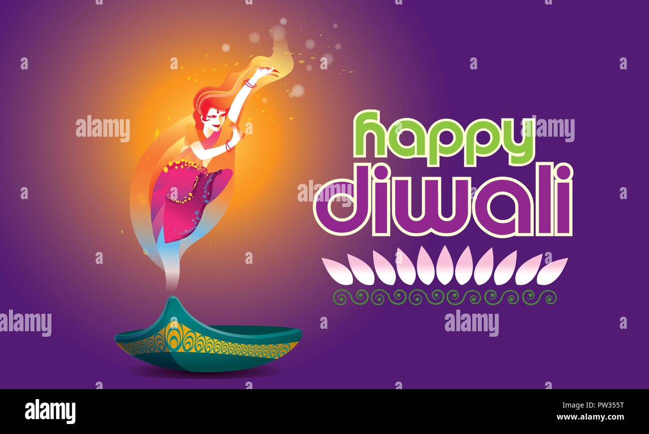 Vettore per il Deepavali o Diwali, con una danza donna, lampada a petrolio e Deepavali saluti. Illustrazione Vettoriale