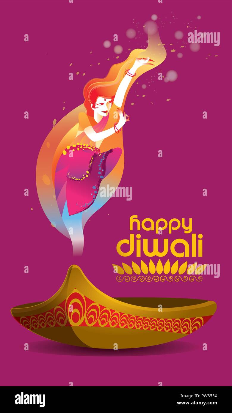 Vettore per il Deepavali o Diwali, con una danza donna, lampada a petrolio e Deepavali saluti. Illustrazione Vettoriale