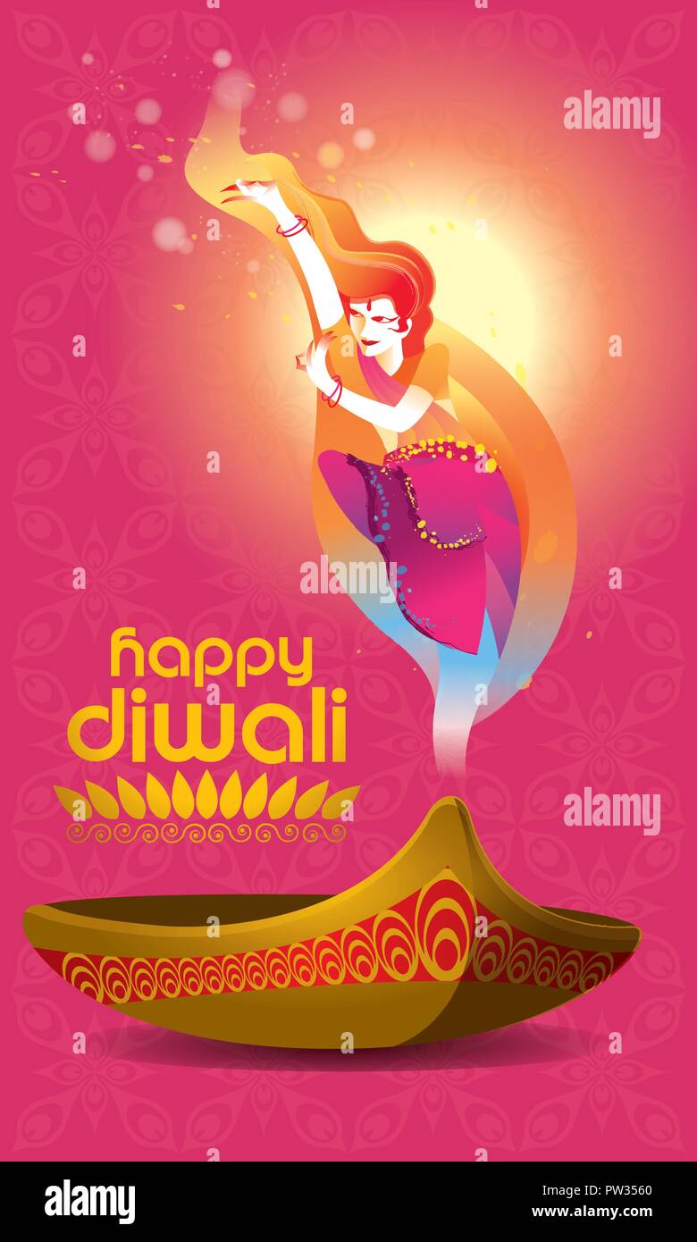 Vettore per il Deepavali o Diwali, con una danza donna, lampada a petrolio e Deepavali saluti. Illustrazione Vettoriale