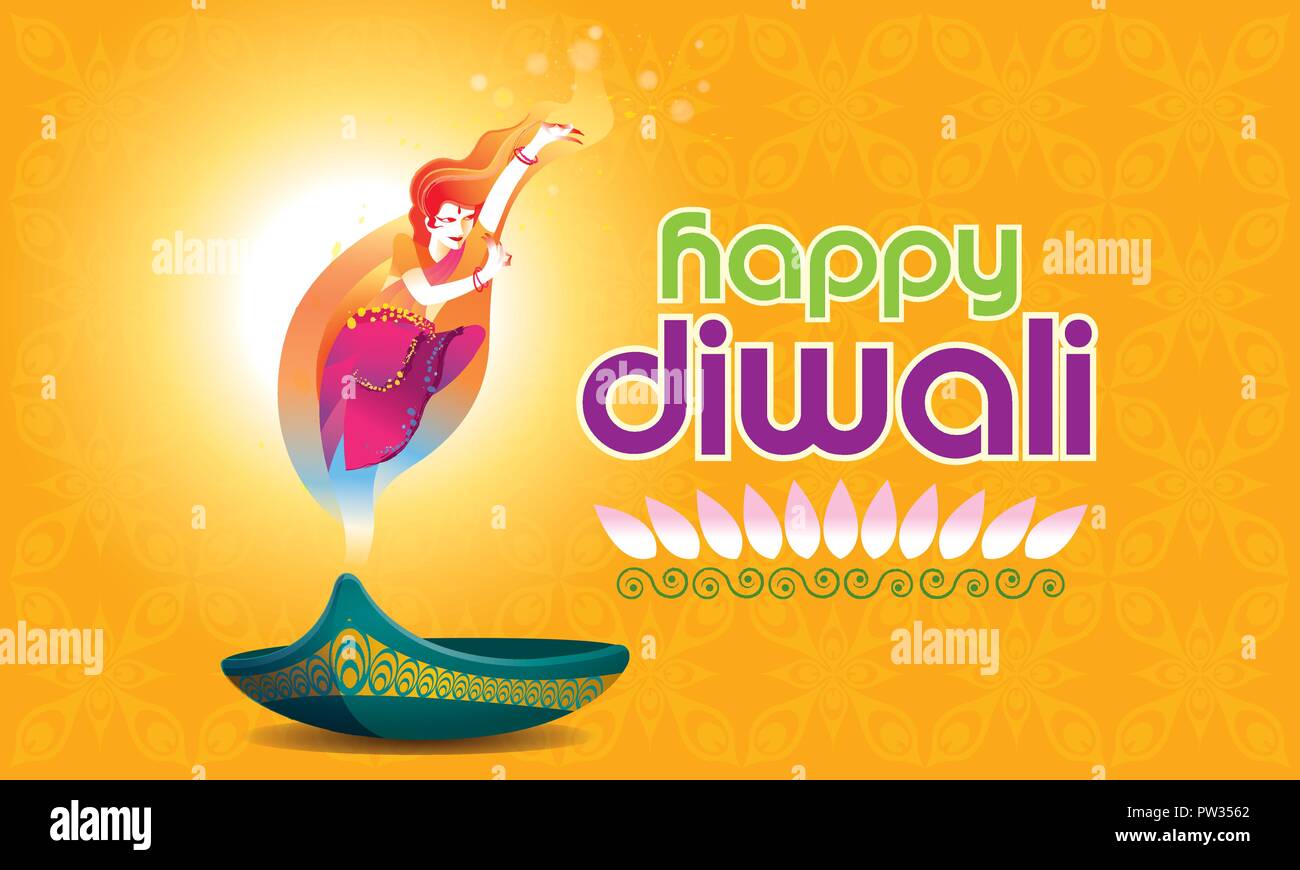 Vettore per il Deepavali o Diwali, con una danza donna, lampada a petrolio e Deepavali saluti. Illustrazione Vettoriale