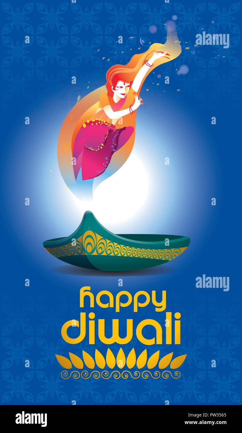 Vettore per il Deepavali o Diwali, con una danza donna, lampada a petrolio e Deepavali saluti. Illustrazione Vettoriale