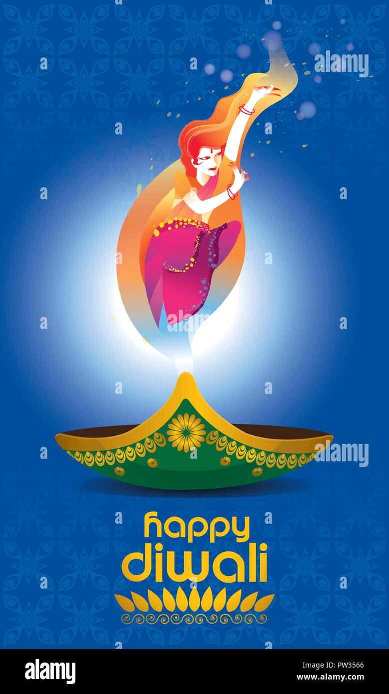 Vettore per il Deepavali o Diwali, con una danza donna, lampada a petrolio e Deepavali saluti. Illustrazione Vettoriale
