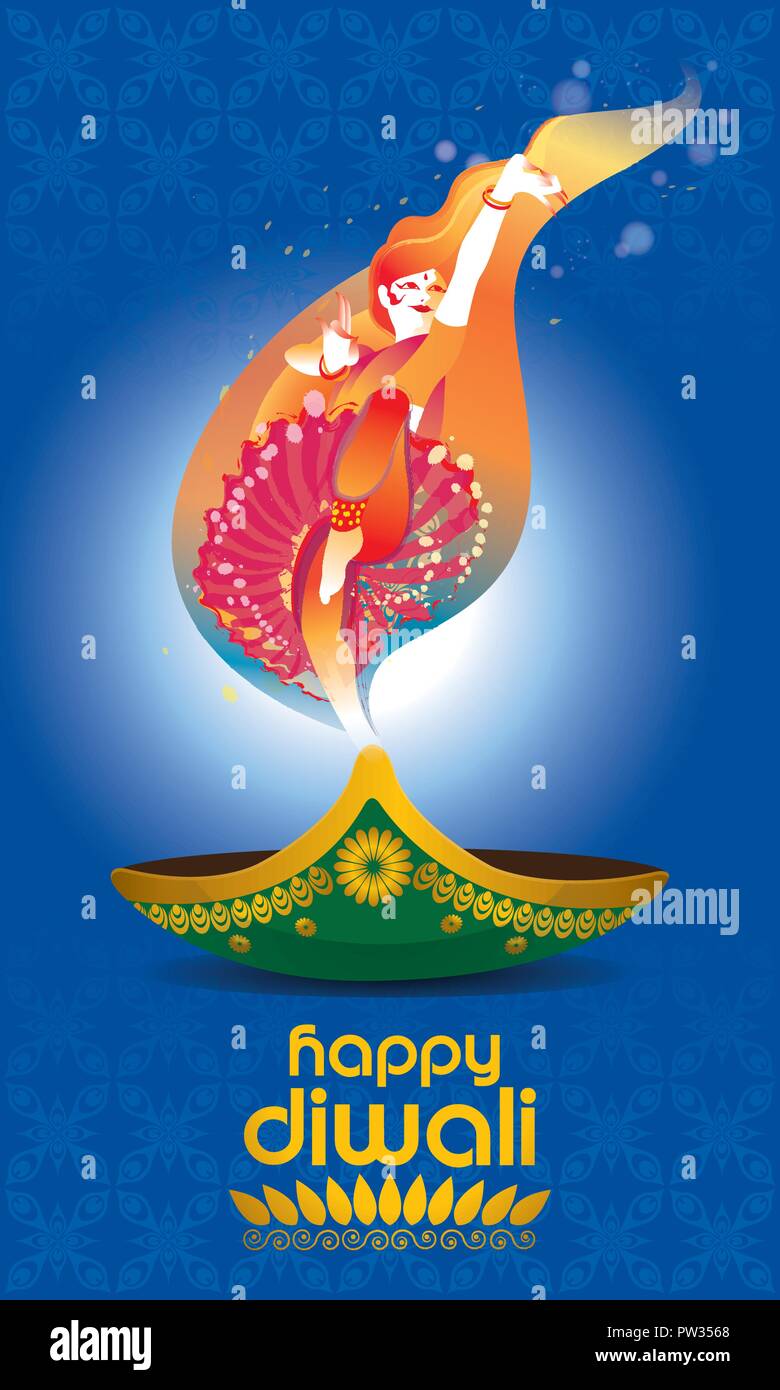 Vettore per il Deepavali o Diwali, con una danza donna, lampada a petrolio e Deepavali saluti. Illustrazione Vettoriale
