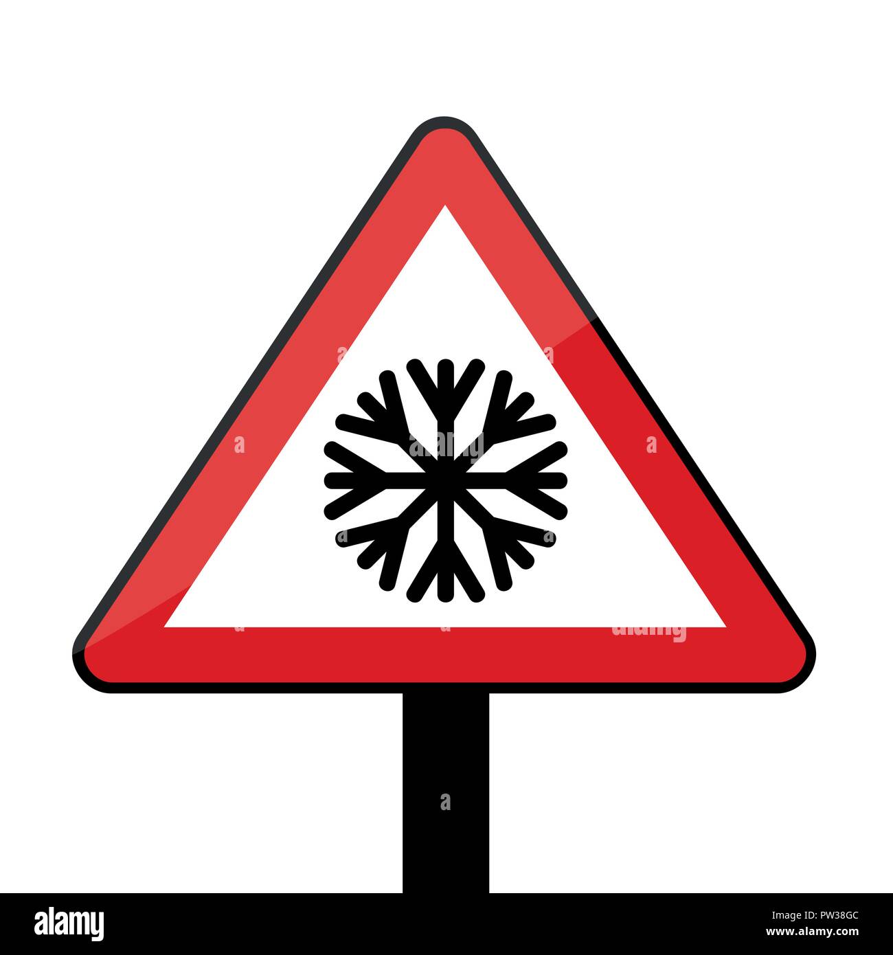 Triangolo segnaletico stradale con il simbolo del fiocco di neve per il freddo inverno isolati su sfondo bianco illustrazione vettoriale EPS10 Illustrazione Vettoriale