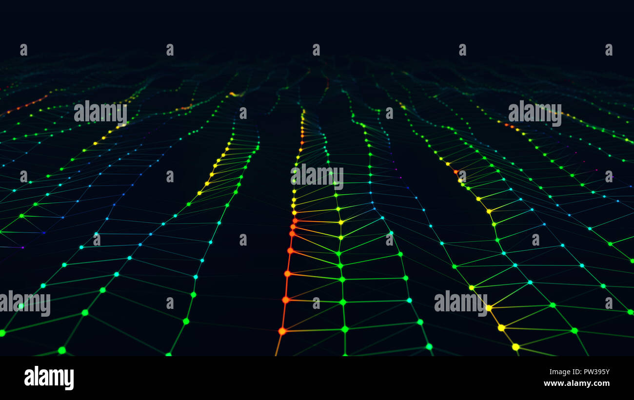 Abstract moderna superficie di particella onda. Griglia ondulata di luminose colorate punti metallici creazione piano curvo. Il futuristico 3D'illustrazione. Stilizzata Hi-Tech bac Foto Stock