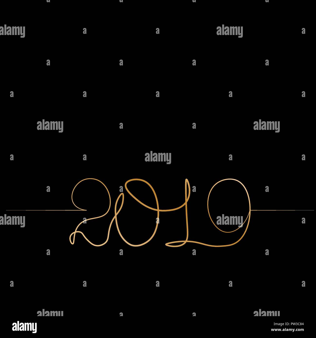 Una continua linea oro disegno 2019. Vector anno nuovo illustrazione isolati su sfondo bianco Illustrazione Vettoriale