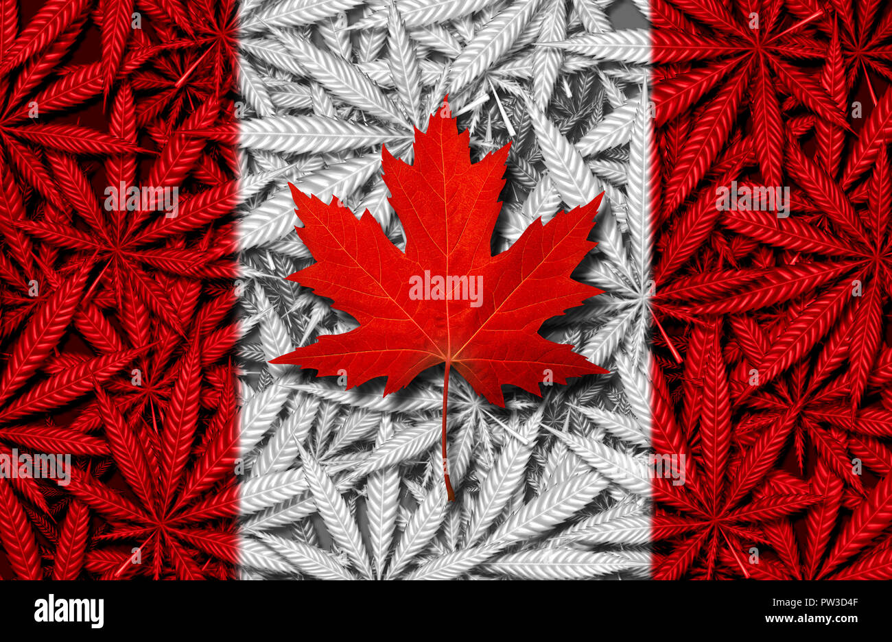 La cannabis canadese concetto e Canada marijuana di diritto e legislazione sociale come problema medico e ricreativo di erbaccia icona di utilizzo come un rosso Foglia di acero. Foto Stock