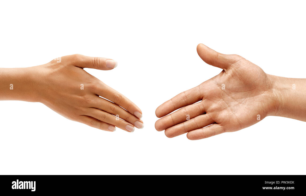 Mano d'uomo e di una donna a mano handshake rendono isolato su sfondo bianco. Close up. Alta risoluzione Foto Stock